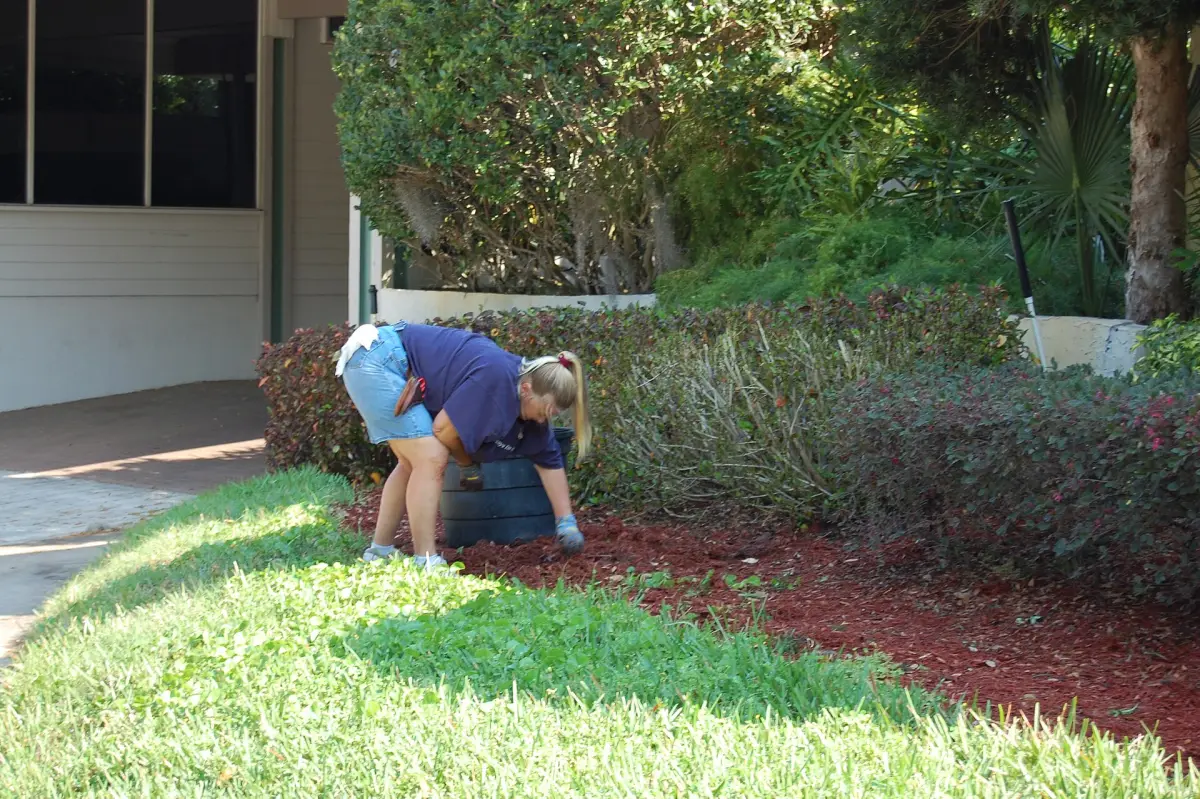 Landscaper spreading mulch through a freshly planted garden bed