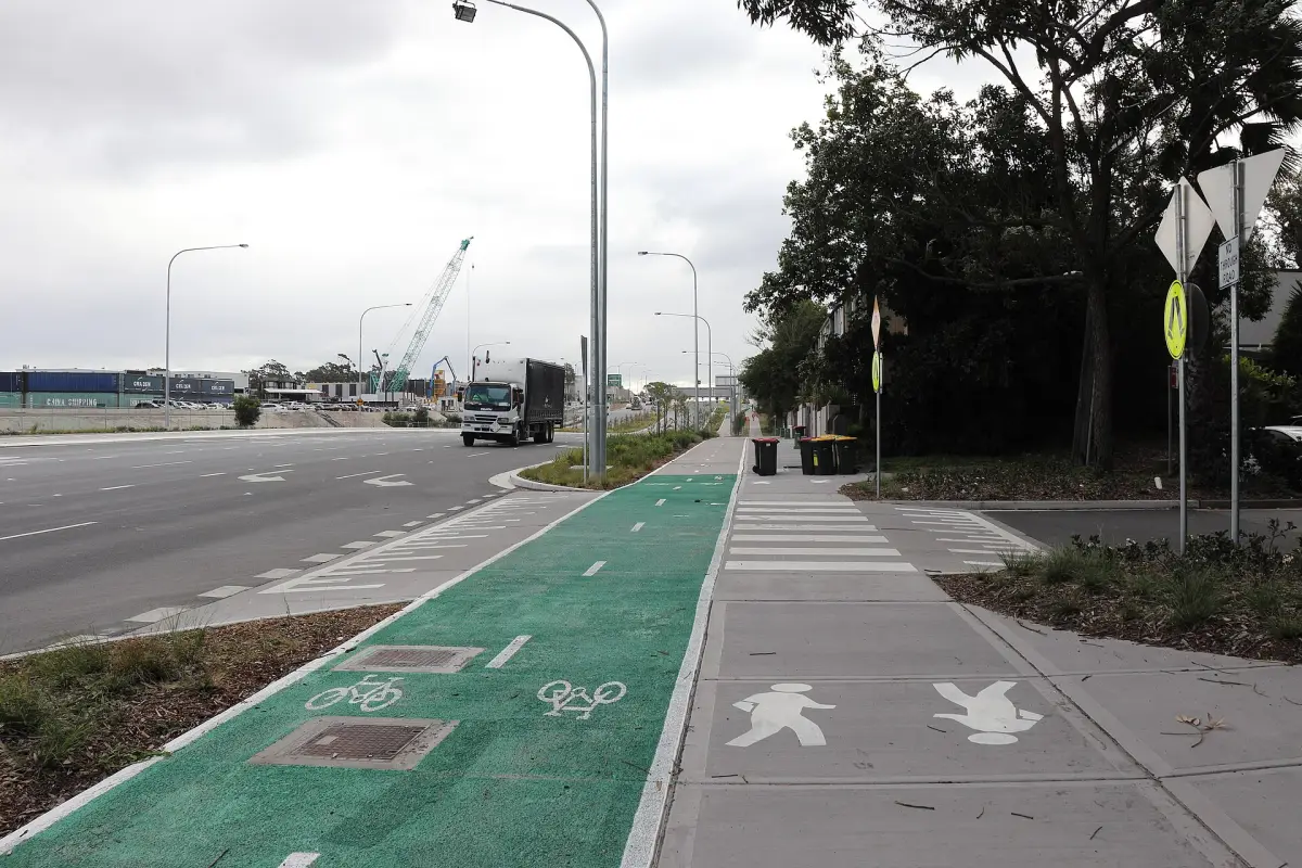 Separated cycleway and footpath beside a road, with native planting on the verge